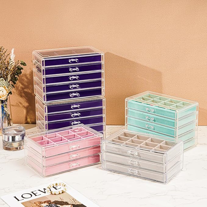 ProCase Earring Holder Organizer Jewelry Box with 3 Drawers, Acrylic Clear Earring Case with Adjustable Velvet Trays for Wome