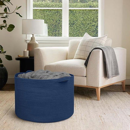 MEGASKET 115L Dark Blue Basket for Organizing, 23.6" x 15.7" XXXL Woven Cotton Rope Laundry Basket, Oversized Blanket Storage