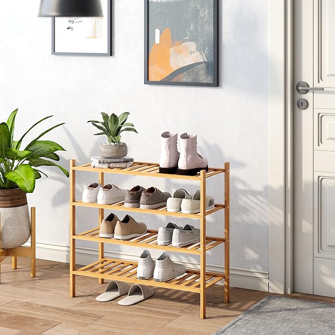 BMOSU 4-Tier Bamboo Shoe Rack Premium Stackable Shoe Shelf Storage Organizer for Hallway Closet Living Room Entryway Organize