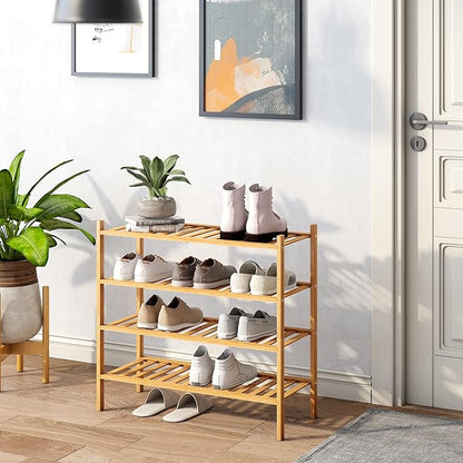 BMOSU 4-Tier Bamboo Shoe Rack Premium Stackable Shoe Shelf Storage Organizer for Hallway Closet Living Room Entryway Organize
