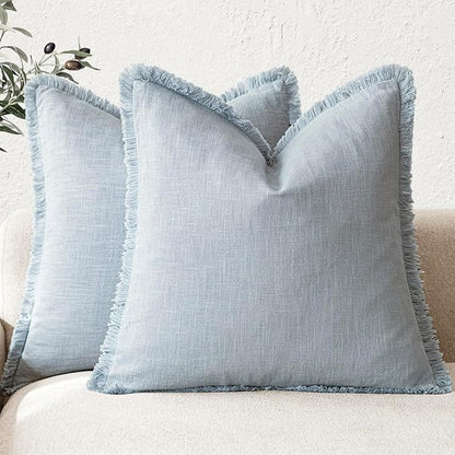 Foindtower Set of 2 Decorative Linen Fringe Throw Pillow Covers Boho Farmhouse Cushion Cover with Tassels Soft Accent Pillowc