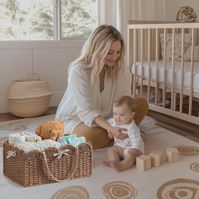 HBlife Baby Diaper Caddy, Paper Rope Storage Baskets Nursery Bin with Removable Divider, Portable Car Organizer for Diapers, 