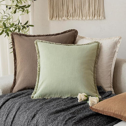Foindtower Set of 2 Decorative Linen Fringe Throw Pillow Covers Boho Farmhouse Cushion Cover with Tassels Soft Accent Pillowc