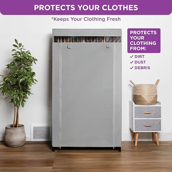 HOLDN’ STORAGE Portable Wardrobe Closet - 50 lb Capacity, Internal Heavy Duty Metal Rod, Zipper & Clear Window, Durable Cloth