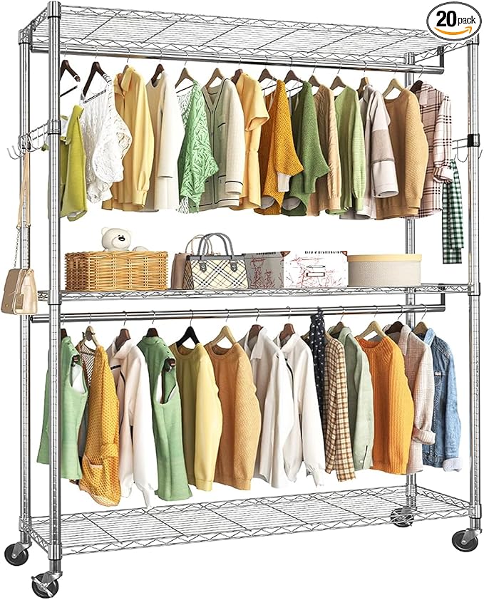 Simple Trending Clothing Garment Rack with 3 Tiers Storage Shelves, Heavy Duty Rolling Clothes Organizer Double Rods with Whe