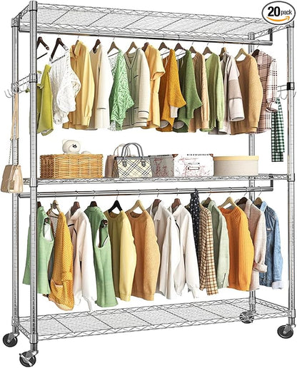 Simple Trending Clothing Garment Rack with 3 Tiers Storage Shelves, Heavy Duty Rolling Clothes Organizer Double Rods with Whe