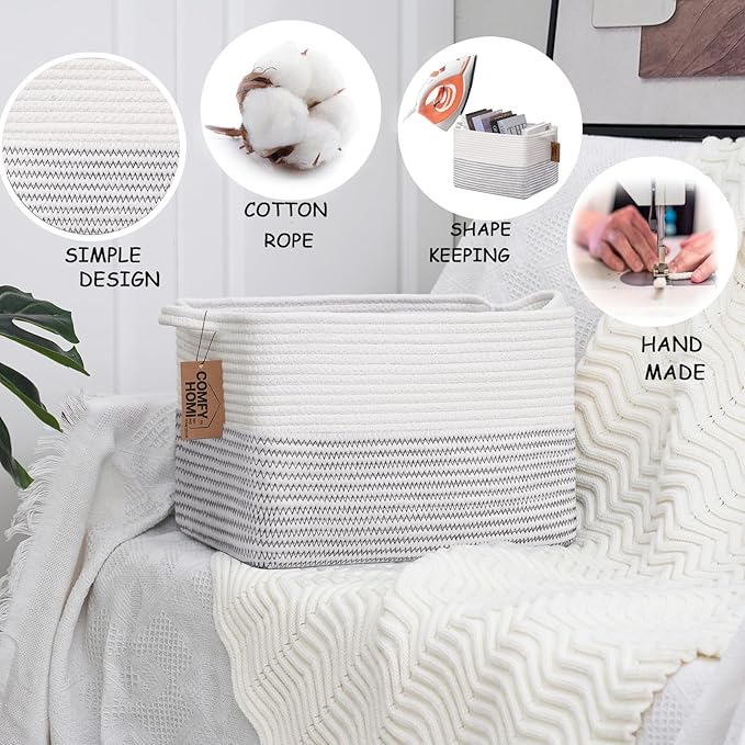 COMFY-HOMI Cotton Rope Woven Basket with Handles for Shelves,Toys,Book, Cloth Storage Baskets Bin for Organizing-13.5"x11"x9.