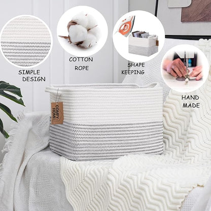 COMFY-HOMI Cotton Rope Woven Basket with Handles for Shelves,Toys,Book, Cloth Storage Baskets Bin for Organizing-13.5"x11"x9.