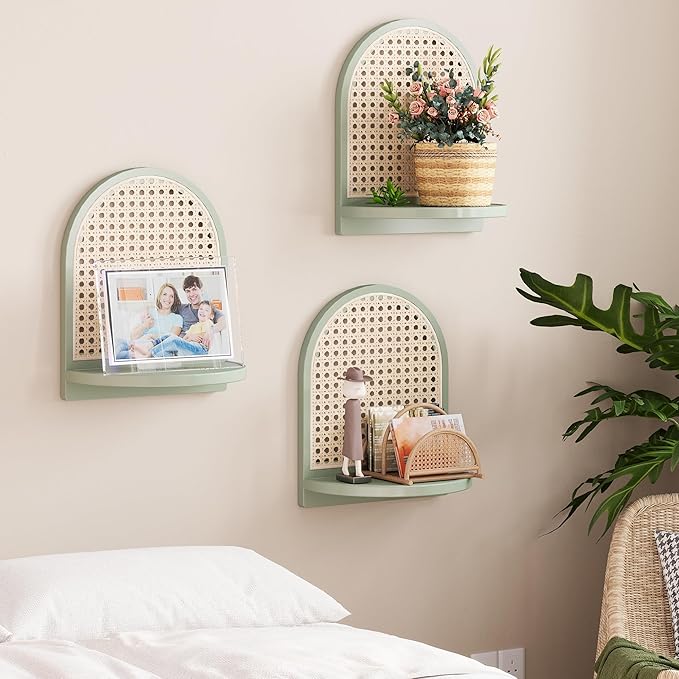 Rattan Wall Shelf Set of 3, 7''Green Rattan Shelves with Wicker Decor, Boho Decor Small Floating Shelves for Wall, Arched She