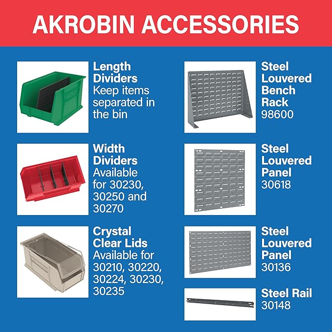 Akro-Mils 30210 AkroBins Plastic Storage Bins, Space-Saving Stackable Bins for Garage, Pantry, Craft Organization, 5" x 4" x 
