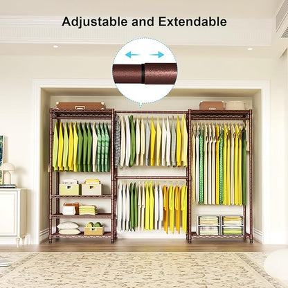 Ulif E1 Heavy Duty Closet Garment Rack, 6 Tiers Adjustable Metal Freestanding Expandable Clothing Storage with 4 Hanger Rods,