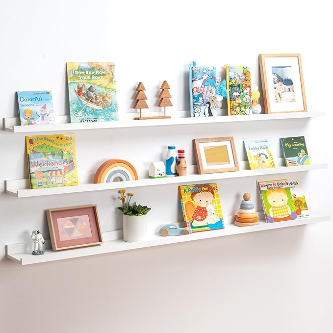 Axeman Picture Ledge Shelf | 55 Inch White Floating Shelves Set of 3 | Rustic Wood Wall Shelves with Lip | 55" White Picture 