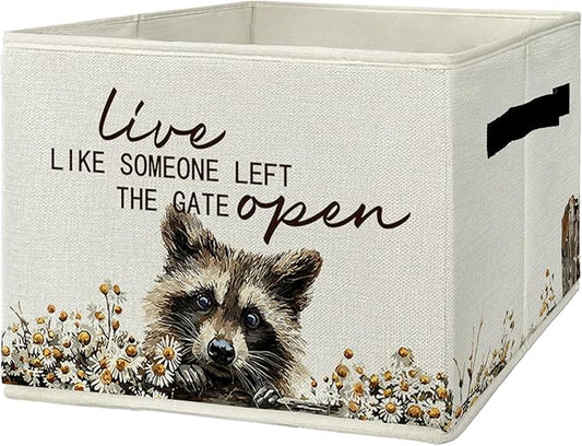 Rustic Raccoon Storage Bins & Boxes with Handles, Farmhouse Raccoon Foldable Basket for Organizing, Live Like Someone Left th