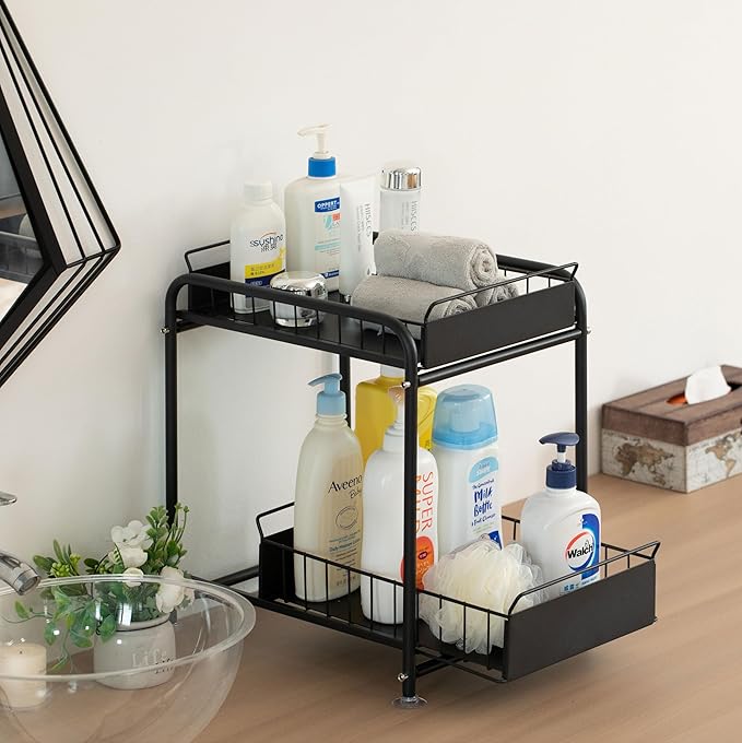 Basicwise Under Sink Organizer Sliding Wire Baskets Adjustable 2-Tier Metal Storage Rack for Bathroom Kitchen or Utility Cabi