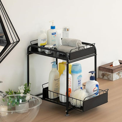 Basicwise Under Sink Organizer Sliding Wire Baskets Adjustable 2-Tier Metal Storage Rack for Bathroom Kitchen or Utility Cabi