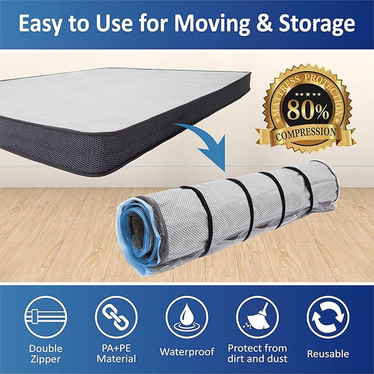 Storage Logic Foam Mattress Vacuum Bag with Blue Zipper, Mattress Storage Bag, Straps Included, Queen/Full/Full-XL