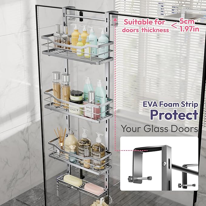 SWTYMIKI Over the Door Shower Caddy - 4 Tier Adjustable Shower Organizer Hanging with Soap Holder, No Drilling Stainless Stee