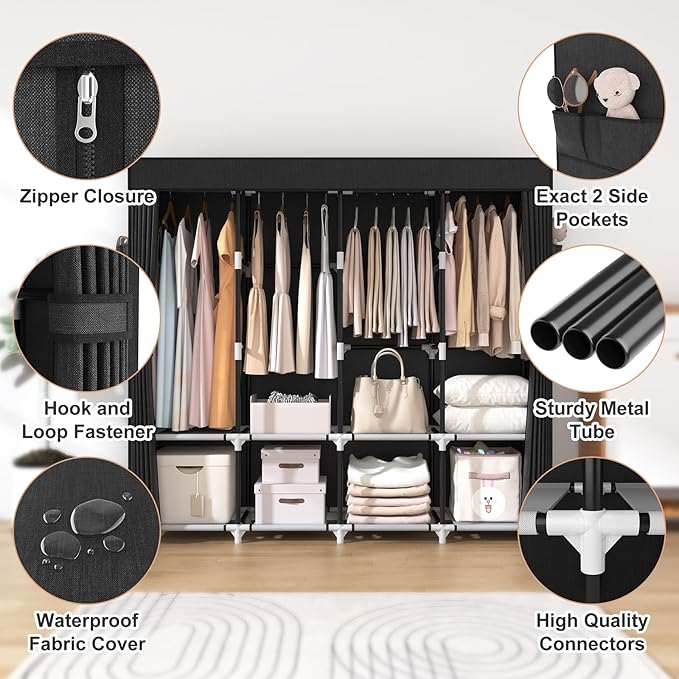 VTRIN Portable Closet for Hanging Clothes 67 Inch Wide Large Capacity Portable Wardrobe Closet with Cover, 4 Storage Shelves 