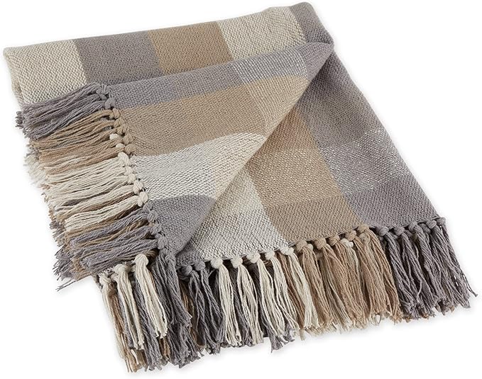 DII Buffalo Check Collection Rustic Farmhouse Throw Blanket with Tassels, 50x60, Tri Color, Stone