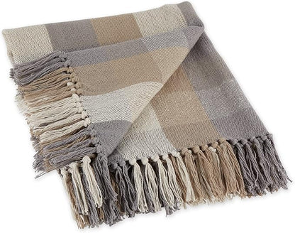 DII Buffalo Check Collection Rustic Farmhouse Throw Blanket with Tassels, 50x60, Tri Color, Stone