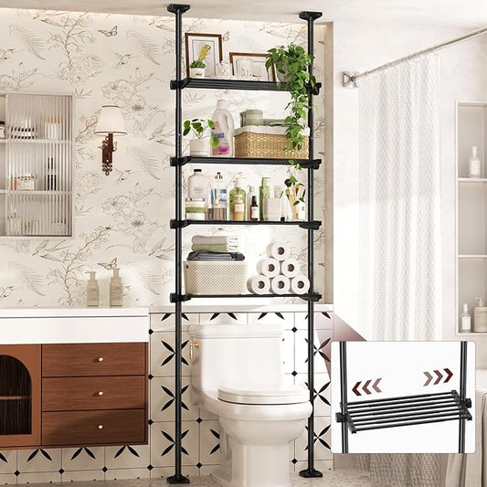 Goovilla Over The Toilet Storage Shelf, 4 Tier Bathroom Organizer Shelves with 64-124inch(H) 15-27inch(W) Adjustable No Drill