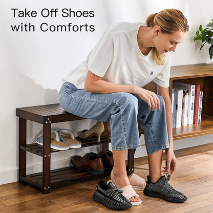Pipishell Bamboo Shoe Rack Bench, 3 Tier Sturdy Shoe Bench, Storage Shoe Organizer, Holds up to 300lbs for Entryway Bedroom L