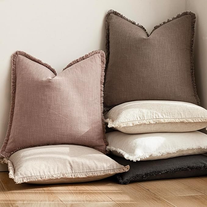 Foindtower Set of 2 Decorative Linen Fringe Throw Pillow Covers Boho Farmhouse Cushion Cover with Tassels Soft Accent Pillowc