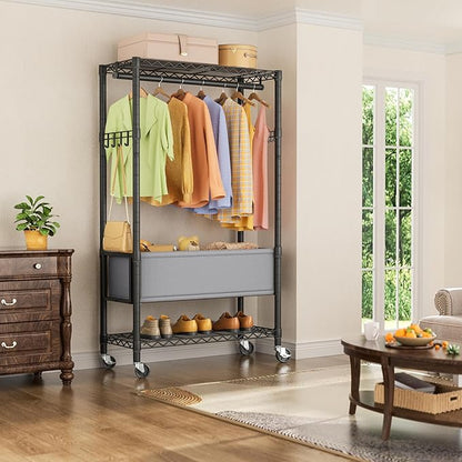 Heavy Duty Clothes Rack Rolling Garment Rack,3 Tier Adjustable Wire Shelving Clothing Racks for Hanging Clothes with Double R