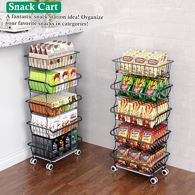 OKZEST 5 Tier Fruit Basket for Kitchen, Stackable Bins Wire Rack with Wheels, Fruit and Vegetable Storage Basket Pantry Food 