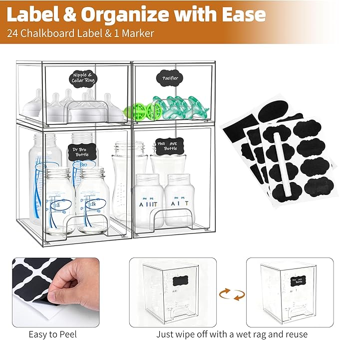 Baby Bottle Organizer, Stackable Storage Drawers with Label, Clear Station Organizers Container for Pacifiers, Pump Parts, De