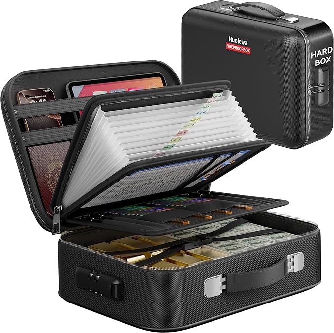 Fireproof Document Box, Hard Case Fireproof Box with Lock, Portable Hard-Shell Fireproof Water Resistant Document Safe for Im