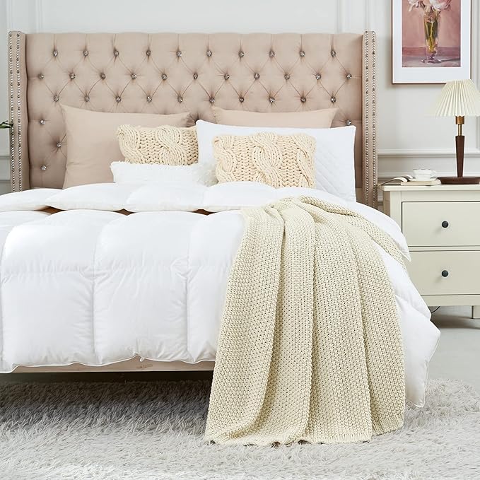 Chunky Cable Knit Throw Blanket Lightweight Cream 100% Organic Cotton Blanket for Sofa Couch Bed Baby Nursery, Rustic Shabby 