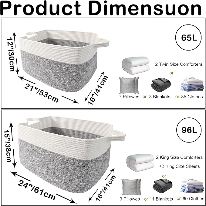 96L Large Blanket Basket,24"x16"x15"Rectangle Storage Bin with Handles,Woven Rope Laundry Basket for Toys, Clothes,Magazines,