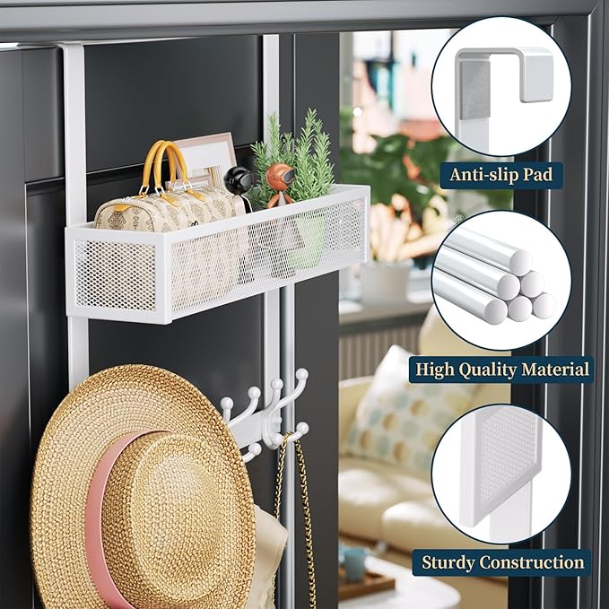 Consumest Over The Door Hooks Organizer - Door Hanger with Mesh Basket & 16 Coat Rack Hooks, Back Storage Organizer for Bedro