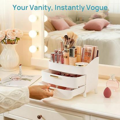 Vtopmart 3-Tier Skincare Makeup Organizer with Drawers for Vanity and Bathroom Countertop, Large Cosmetic Storage Box Case fo