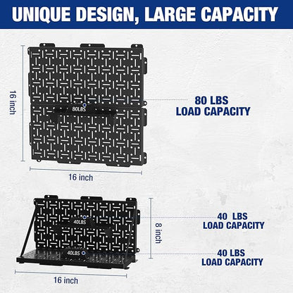 WORKPRO 16”x 16” Metal Peg Board, Foldable Black Pegboard for Wall Organization, Steel Panel with Round Holes & Vertical Slot