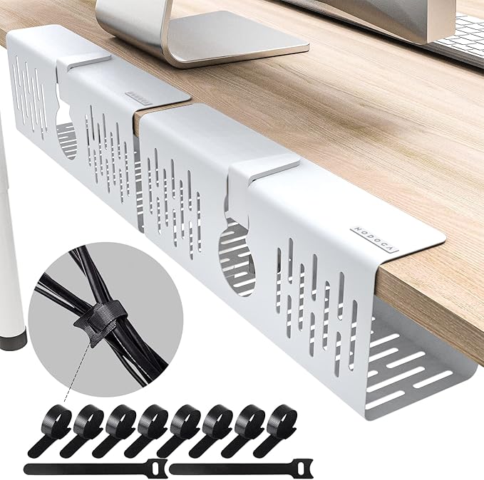 NODOCA No Drill Under Desk Cable Management Tray, 14'' Wire Management, Punch-Free Clamp on, Metal Cable Tray, Wire Organizer