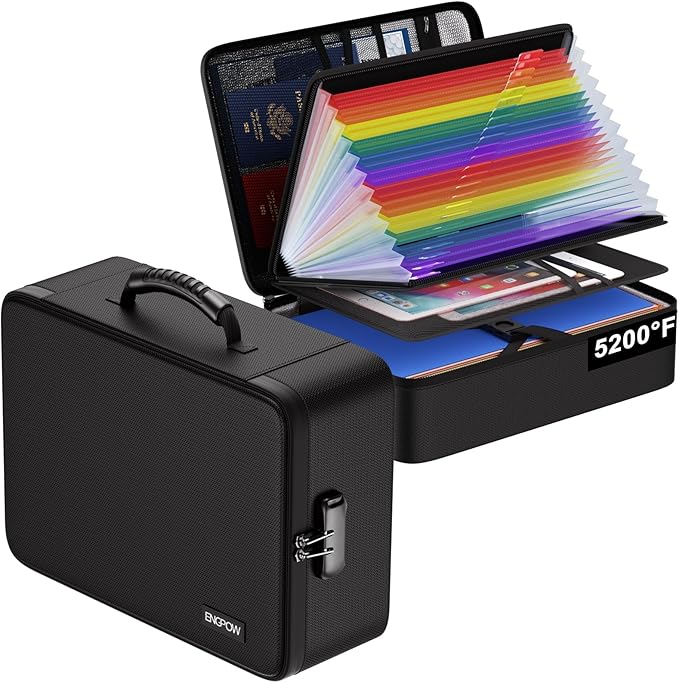 ENGPOW 5200℉ Soft Case Fireproof Document Box with Lock,Fireproof Box with 25 Colorful Pocket Accordion File Folder,Fireproof