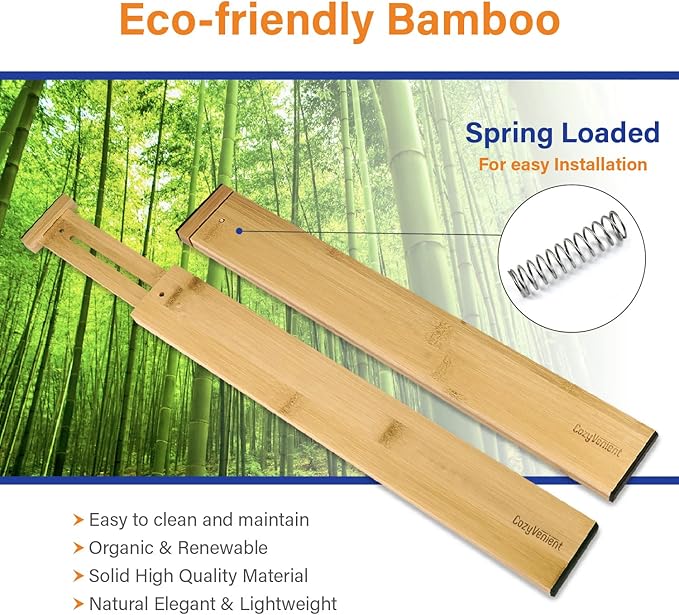 Adjustable Bamboo Drawer Dividers for Clothes, Kitchen Utensils, Office Desks, Bathroom Accessories, Socks and Underwear, and