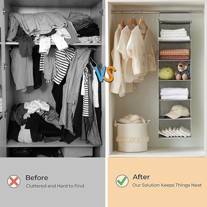 MAX Houser 6 Tier Shelf Hanging Closet Organizer, Closet Hanging Shelf with 2 Sturdy Hooks for Storage, Foldable (Light Grey-