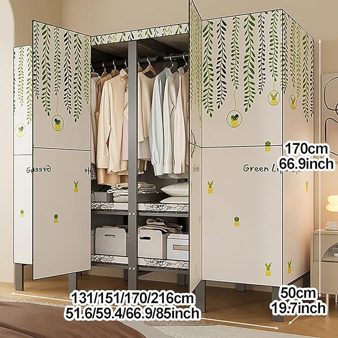 Portable Foldable Wardrobe Closet with Cover, Metal Garment Rack for Clothes Storage, Space-Saving Organizer for Bedroom, 151