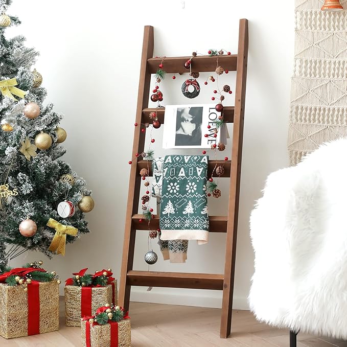 FUIN 5ft (58") Wood Blanket Ladder Living Room Decorative Wall Leaning Farmhouse Quilt Display Holder Rustic Wooden Towel Rac