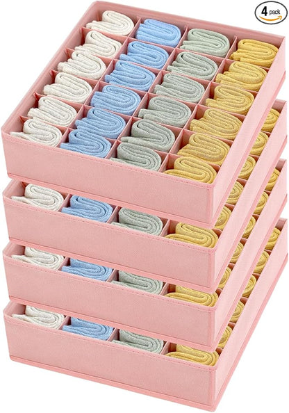 Sock Organizer 4 Pack - 24 Cell Foldable Underwear & Sock Storage, Drawer Organizer for Ties, Belts. (Pink)