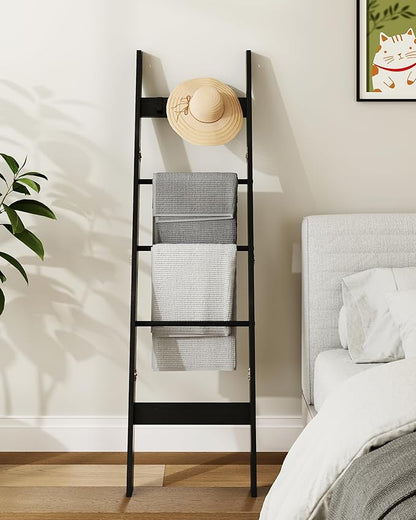 Hzuaneri Blanket Ladder for Living Room, Decorative Quilt Rack with 4 Removable Hooks, 5-Tier Farmhouse Ladder Holder Shelf O