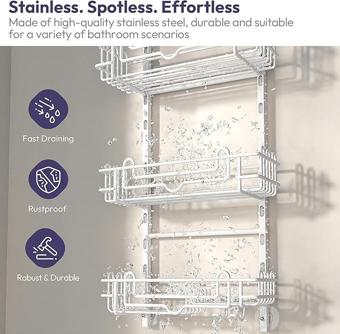 SWTYMIKI Shower Caddy Hanging Organizer - 3-Tier Rustproof Shower Organizer Over Showerhead with Adjustable Baskets, 24 Hooks