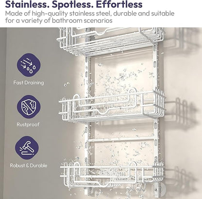 SWTYMIKI Shower Caddy Hanging Organizer - 3-Tier Rustproof Shower Organizer Over Showerhead with Adjustable Baskets, 24 Hooks