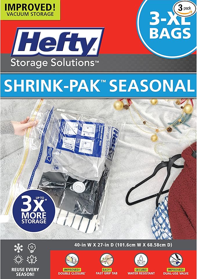 Hefty Shrink-Pak - 3 Extra Large Vacuum Storage Bags for Clothes, Pillows, Towels, or Blankets - Space Saver Vacuum Sealer Ba
