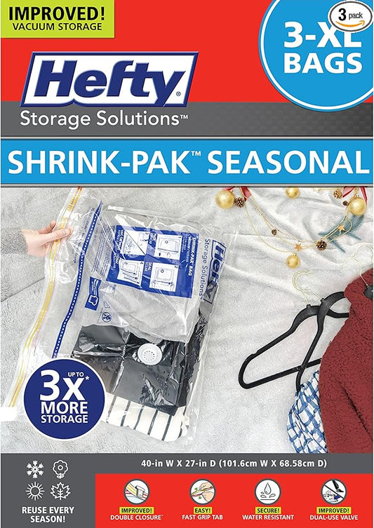 Hefty Shrink-Pak - 3 Extra Large Vacuum Storage Bags for Clothes, Pillows, Towels, or Blankets - Space Saver Vacuum Sealer Ba