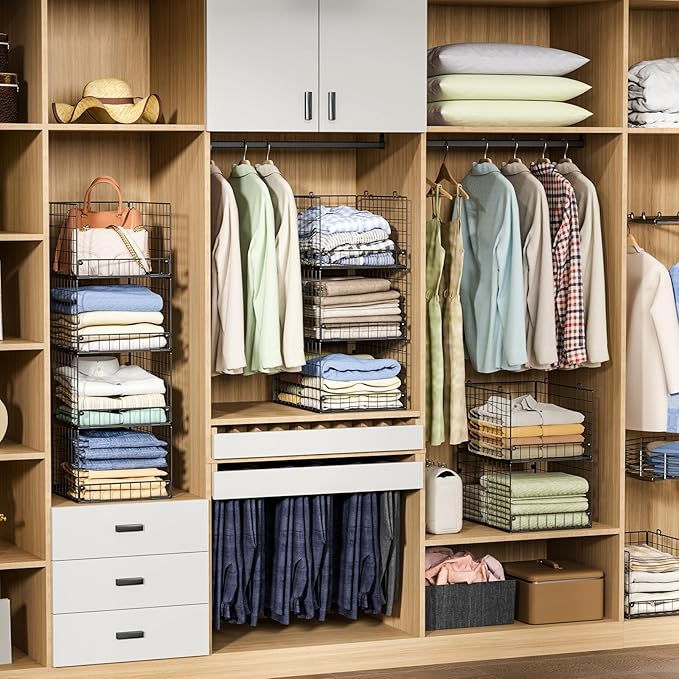 4-Tier Stackable Closet Organizers and Storage Shelves, Foldable Closet Shelf Organizer System, Stackable Storage Bins Drawer
