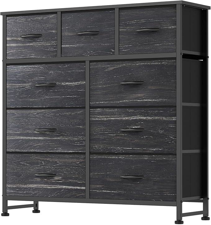 DUMOS 9 Drawer Dresser for Bedroom, Fabric Storage Organizer with Sturdy Metal Frame, Wooden Top Chest of Drawers for Closet 